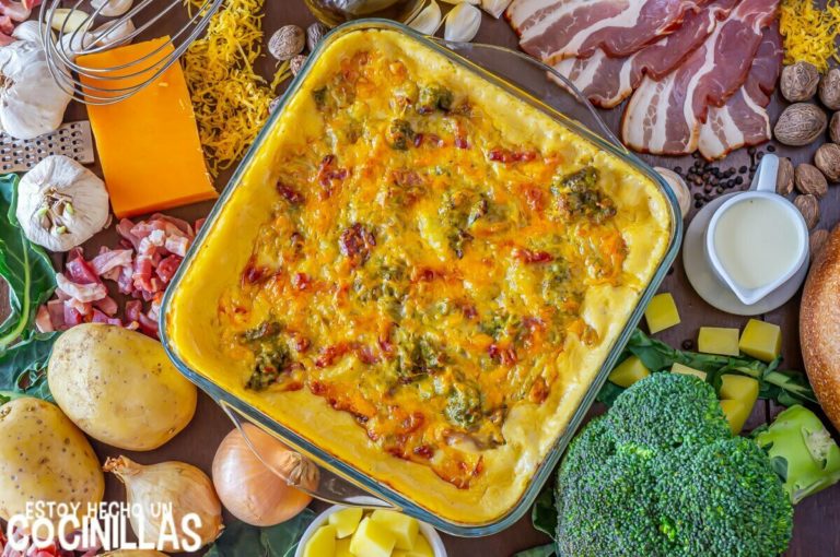 Receta de brócoli con bechamel de queso, patatas y bacon