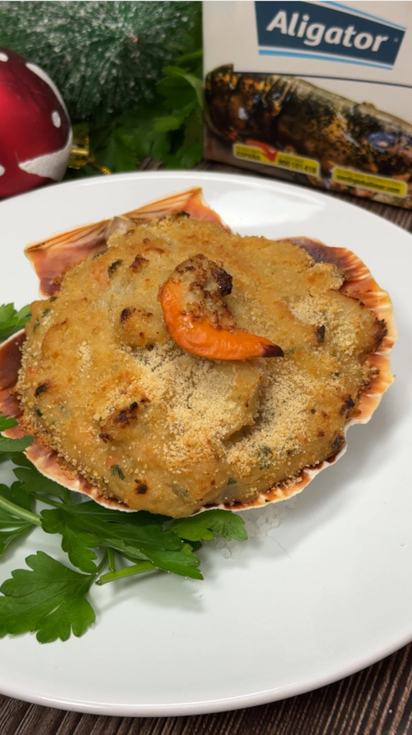 Vieiras gratinadas con bogavante