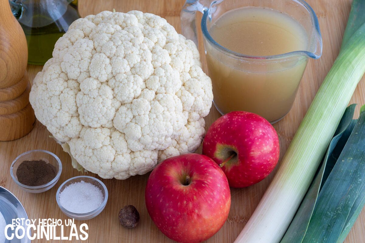 Ingredientes de la crema de coliflor, puerro y manzana